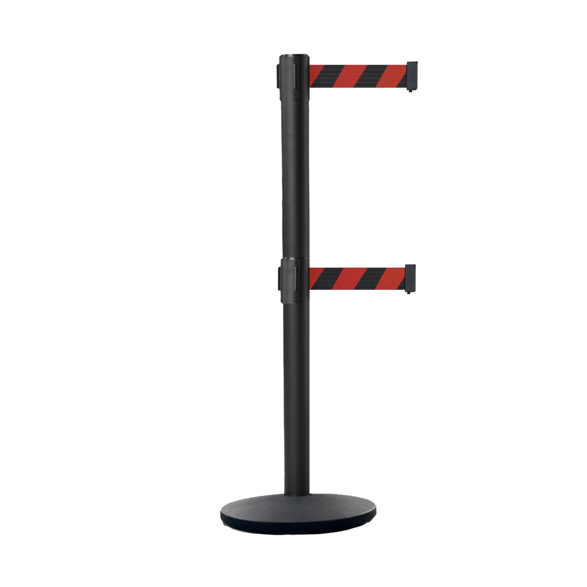 Retractable Dual Belt Belt Barrier Stanchion, Black Post, Cast Iron Base, 9 Ft. Belt - Montour Line MI630D - Crowd Control Warehouse