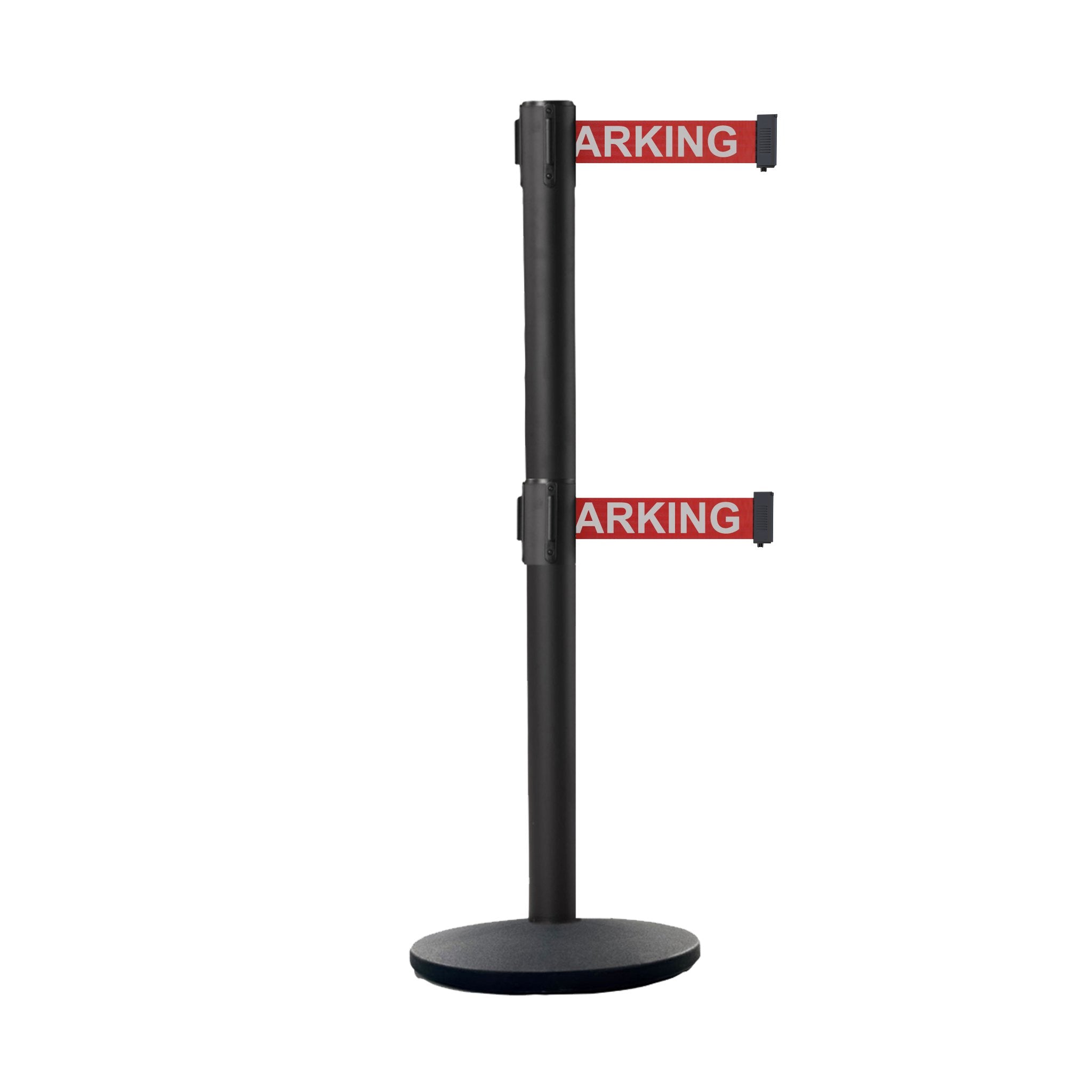 Retractable Dual Belt Belt Barrier Stanchion, Black Post, Cast Iron Base, 9 Ft. Belt - Montour Line MI630D - Crowd Control Warehouse