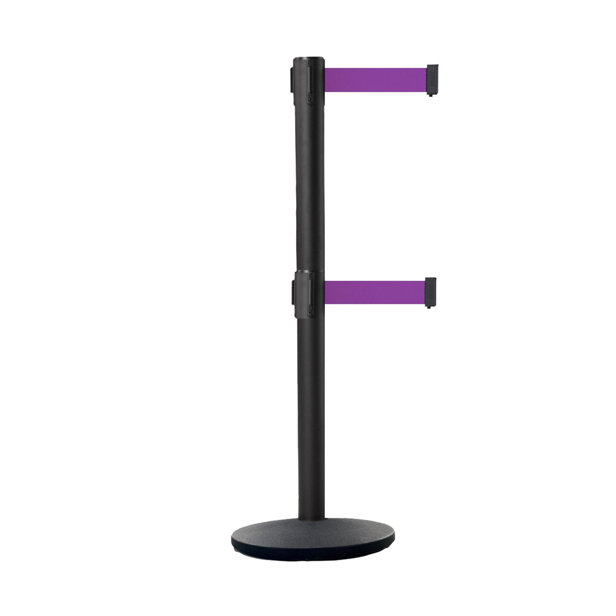 Retractable Dual Belt Belt Barrier Stanchion, Black Post, Cast Iron Base, 9 Ft. Belt - Montour Line MI630D - Crowd Control Warehouse