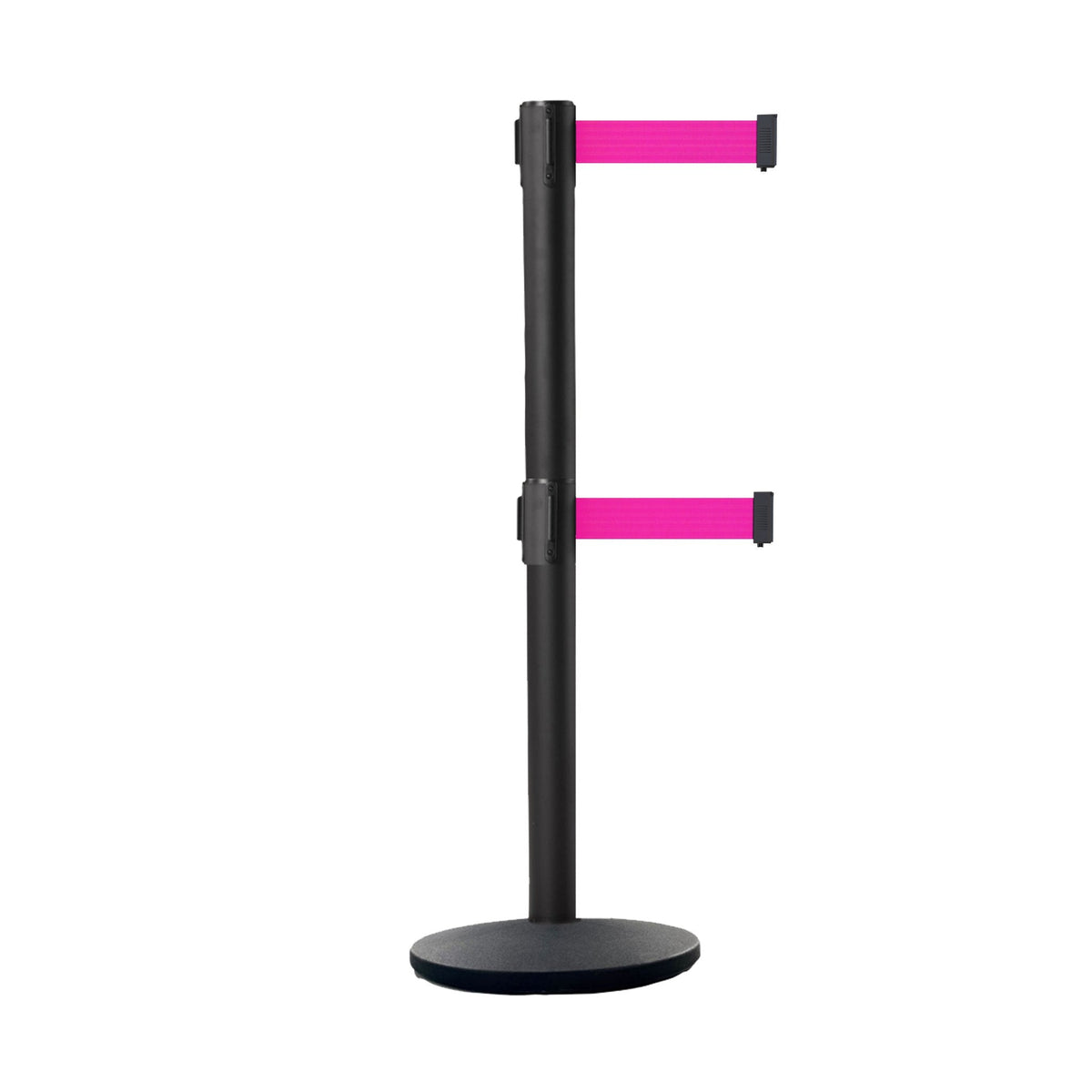 Retractable Dual Belt Belt Barrier Stanchion, Black Post, Cast Iron Base, 9 Ft. Belt - Montour Line MI630D - Crowd Control Warehouse