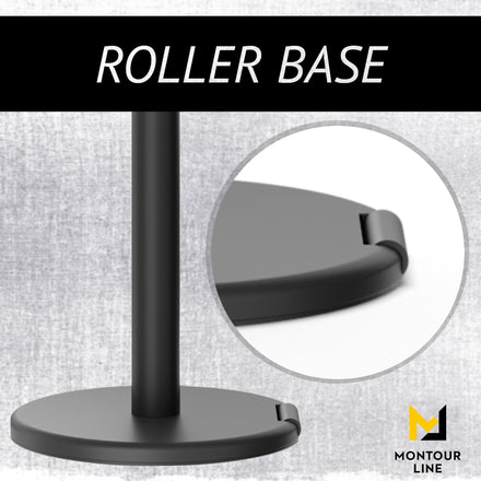 Retractable Belt Barrier Stanchion, Roller Base, Black Powder Coated Post, 35 ft Belt - Montour Line ME760