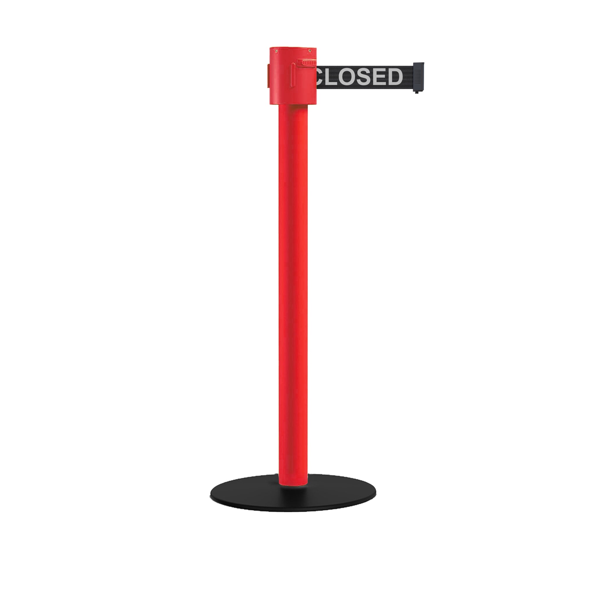 Safety Portable Retractable Belt Barrier Stanchion with Low Profile Base, Red Post, 35 Ft Belt - Montour Line MSX760 - Crowd Control Warehouse