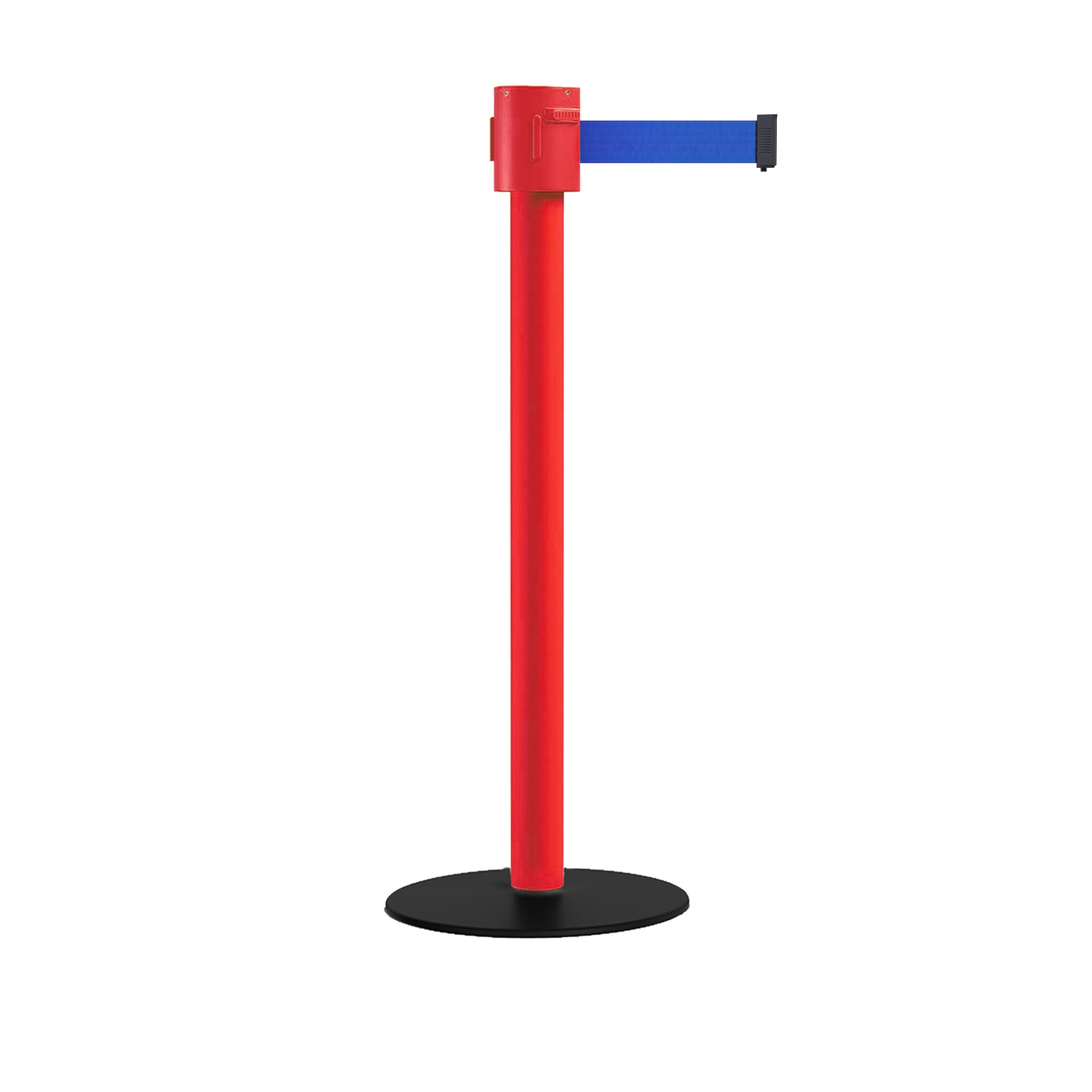 Safety Portable Retractable Belt Barrier Stanchion with Low Profile Base, Red Post, 35 Ft Belt - Montour Line MSX760 - Crowd Control Warehouse