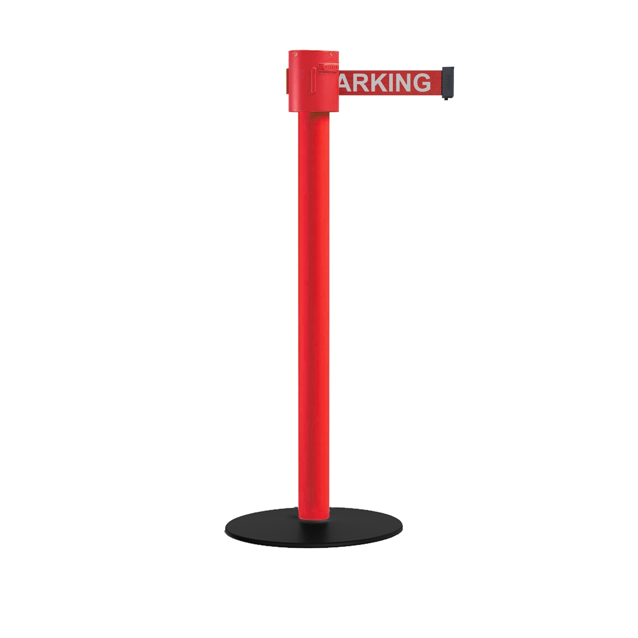 Safety Portable Retractable Belt Barrier Stanchion with Low Profile Base, Red Post, 35 Ft Belt - Montour Line MSX760 - Crowd Control Warehouse