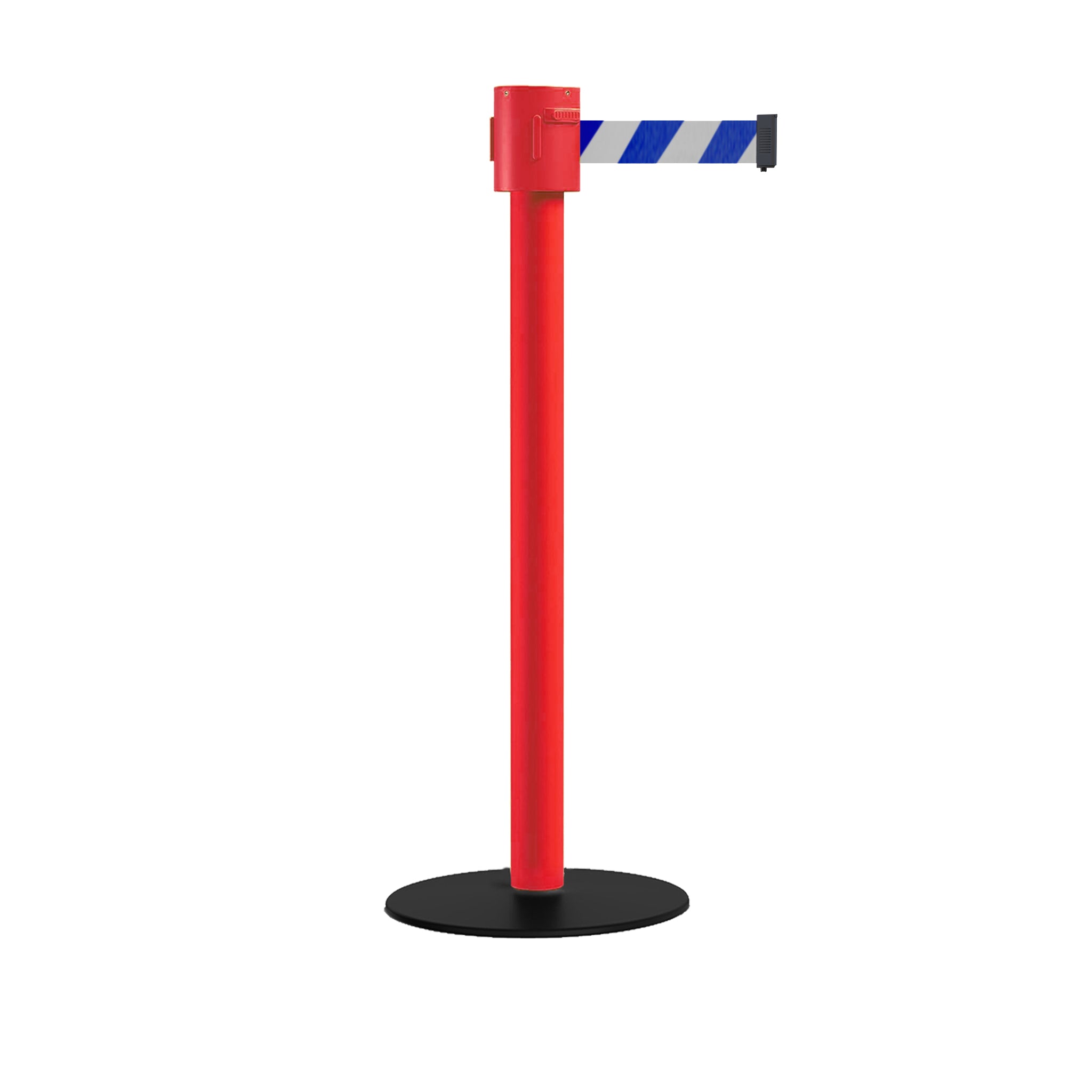 Safety Portable Retractable Belt Barrier Stanchion with Low Profile Base, Red Post, 35 Ft Belt - Montour Line MSX760 - Crowd Control Warehouse