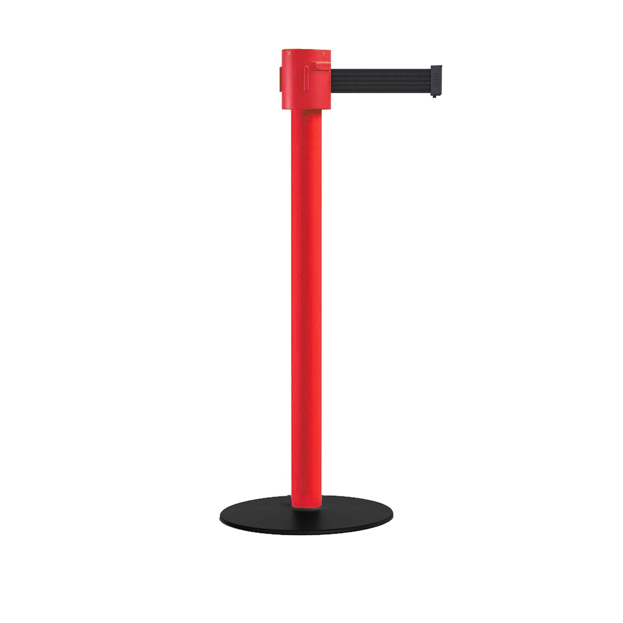 Safety Portable Retractable Belt Barrier Stanchion with Low Profile Base, Red Post, 35 Ft Belt - Montour Line MSX760 - Crowd Control Warehouse