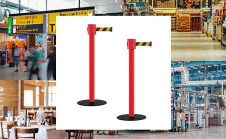 Safety Portable Retractable Belt Barrier Stanchion with Low Profile Base, Red Post, 35 Ft Belt - Montour Line MSX760 - Crowd Control Warehouse