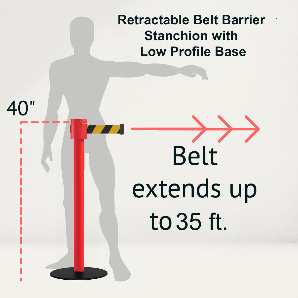 Safety Portable Retractable Belt Barrier Stanchion with Low Profile Base, Red Post, 35 Ft Belt - Montour Line MSX760 - Crowd Control Warehouse