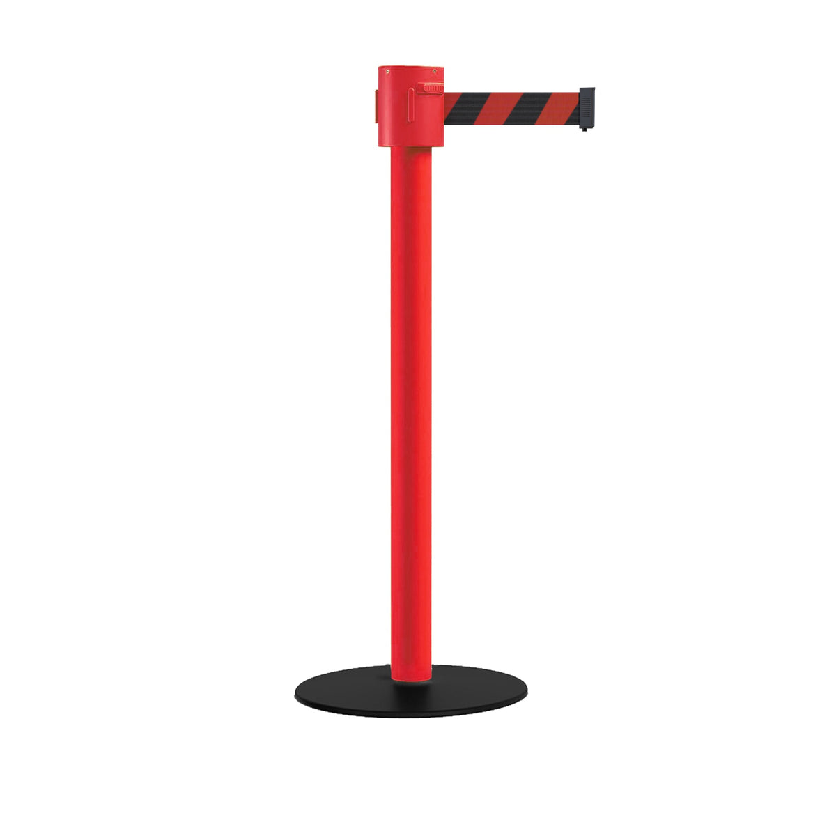 Safety Portable Retractable Belt Barrier Stanchion with Low Profile Base, Red Post, 35 Ft Belt - Montour Line MSX760 - Crowd Control Warehouse