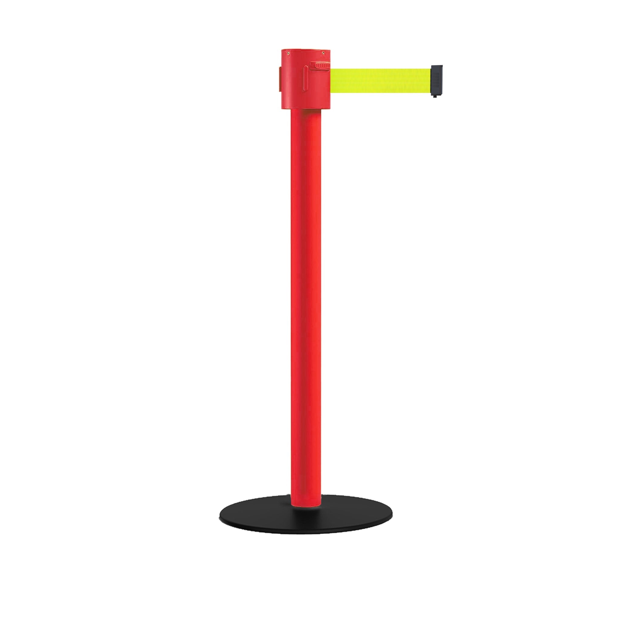 Safety Portable Retractable Belt Barrier Stanchion with Low Profile Base, Red Post, 35 Ft Belt - Montour Line MSX760 - Crowd Control Warehouse