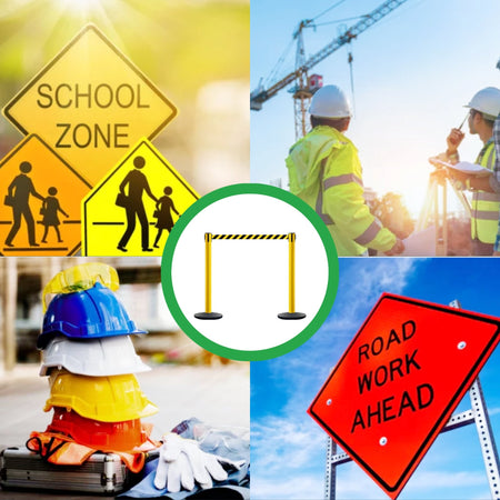 Safety Retractable Belt Barrier Stanchion, Heavy Duty Cast Iron Base, 14 ft Belt – Montour Line MSI650 - Crowd Control Warehouse