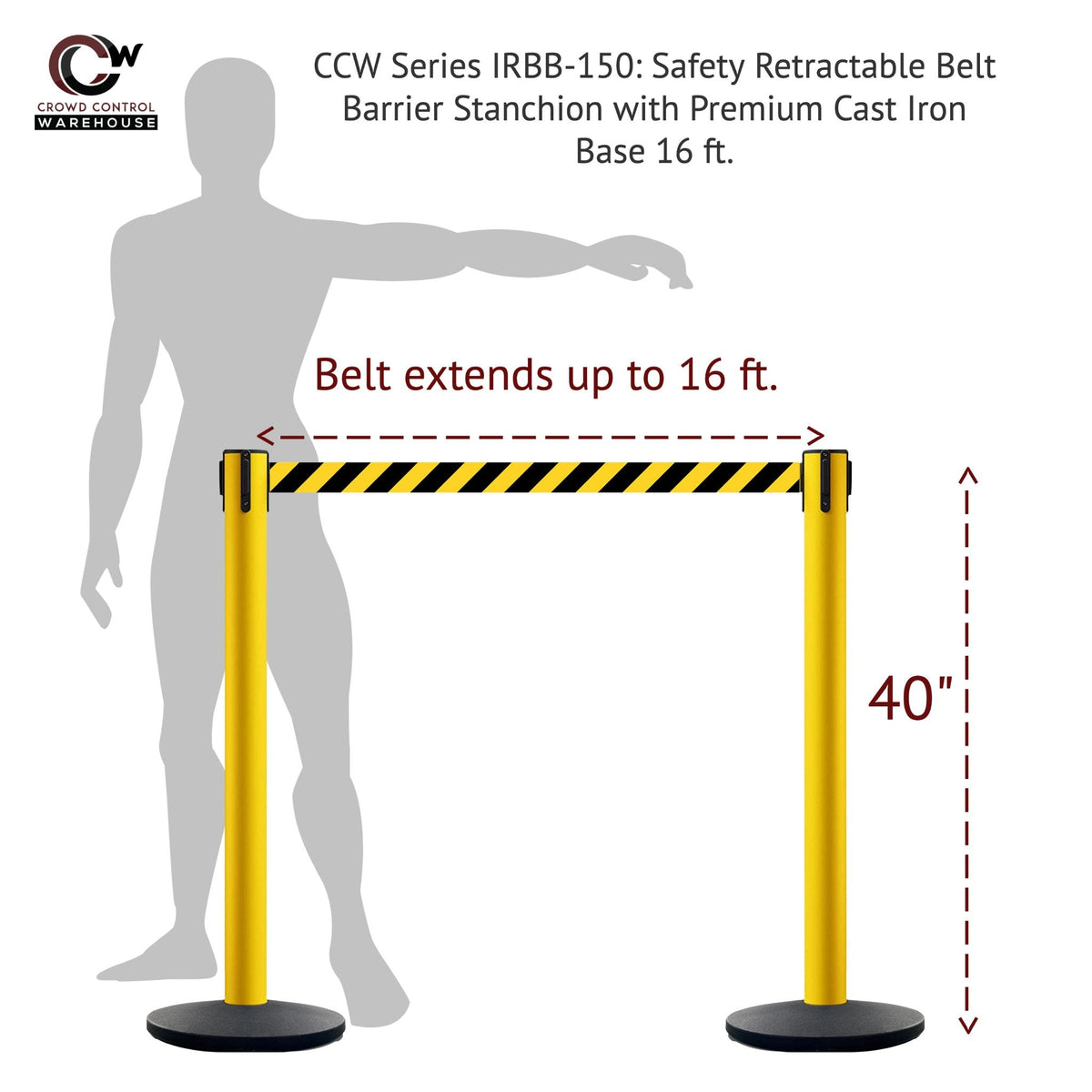 Safety Retractable Belt Barrier Stanchion, Heavy Duty Cast Iron Base, 16 ft Belt – Montour Line MSI650 - Crowd Control Warehouse