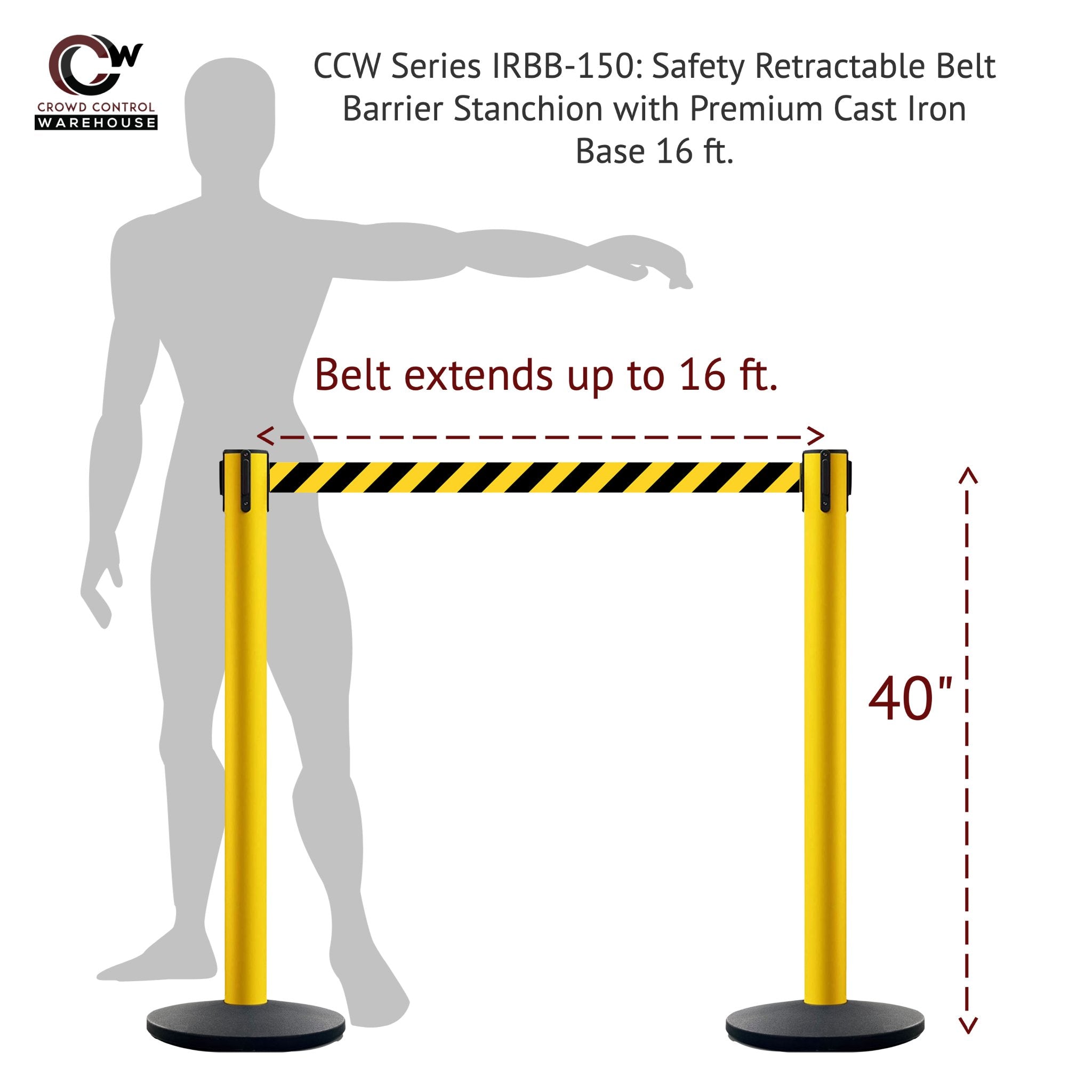 Safety Retractable Belt Barrier Stanchion, Heavy Duty Cast Iron Base, 16 ft Belt – Montour Line MSI650 - Crowd Control Warehouse