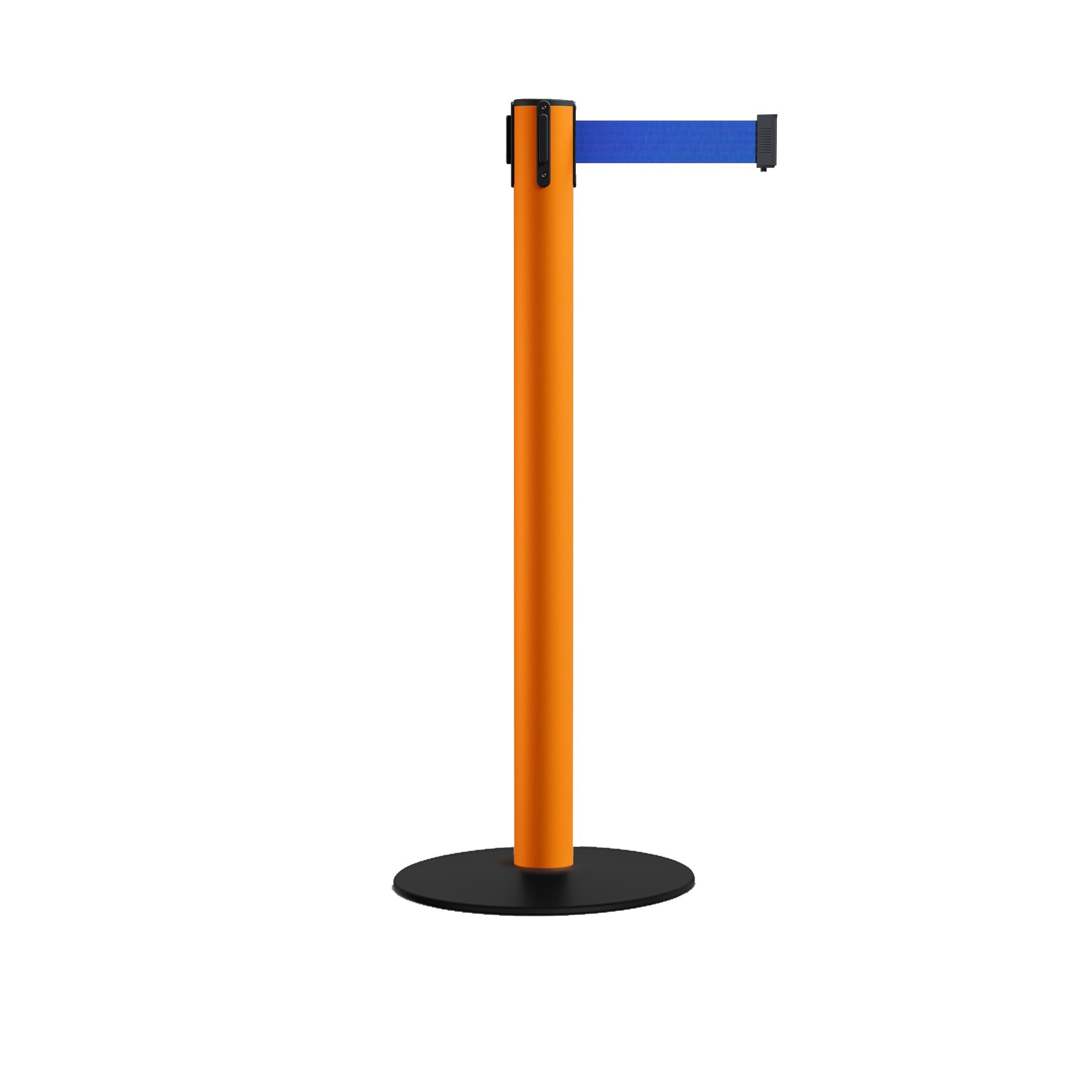 Safety Retractable Belt Barrier Stanchion, Low Profile Steel Base, Orange Post, 14 or 16 Ft. Belt - Montour Line MSX650 - Crowd Control Warehouse
