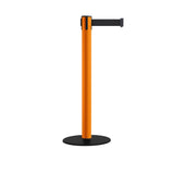Safety Retractable Belt Barrier Stanchion, Low Profile Steel Base, Orange Post, 14 or 16 Ft. Belt - Montour Line MSX650 - Crowd Control Warehouse