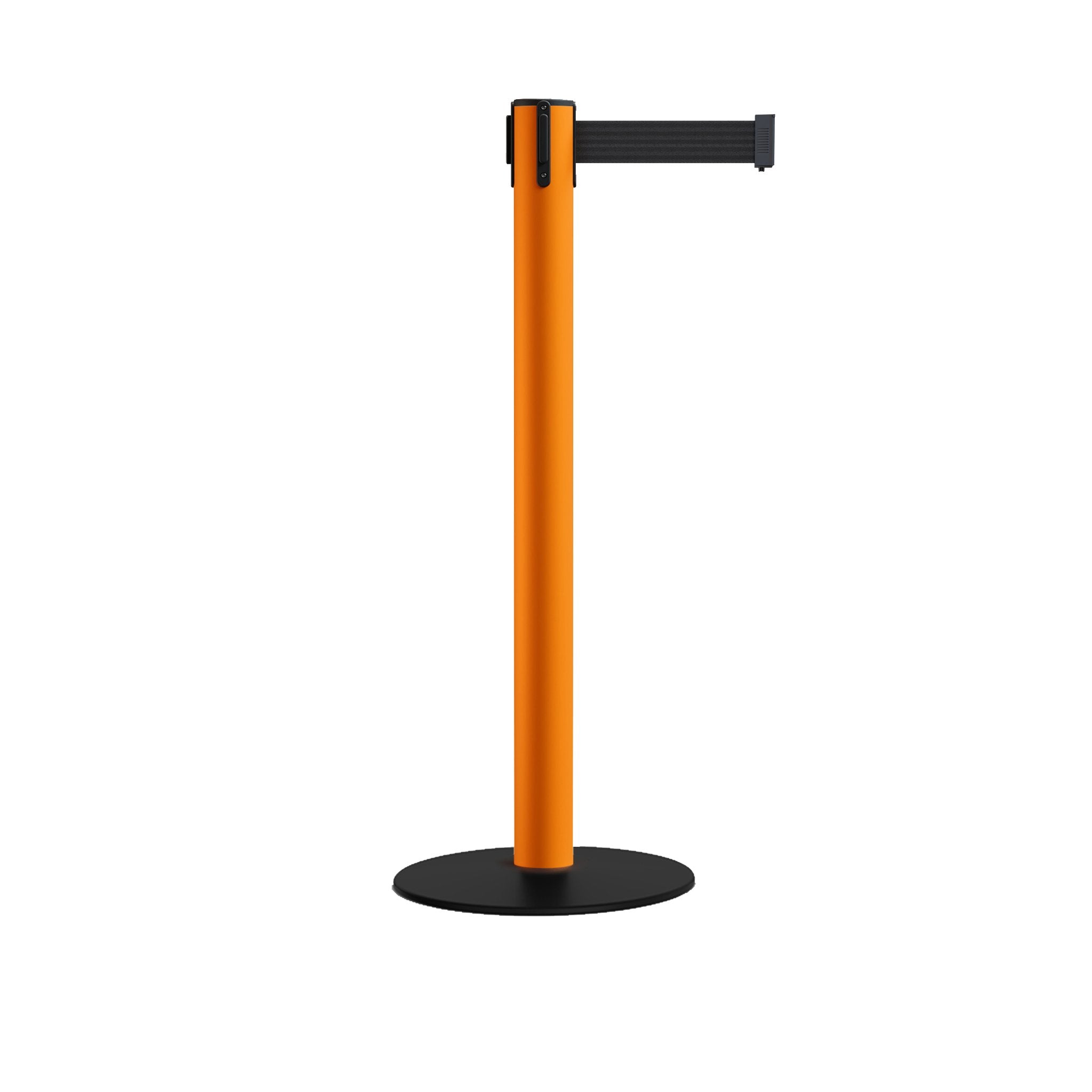 Safety Retractable Belt Barrier Stanchion, Low Profile Steel Base, Orange Post, 14 or 16 Ft. Belt - Montour Line MSX650 - Crowd Control Warehouse