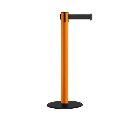 Safety Retractable Belt Barrier Stanchion, Low Profile Steel Base, Orange Post, 14 or 16 Ft. Belt - Montour Line MSX650 - Crowd Control Warehouse