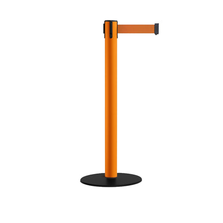 Safety Retractable Belt Barrier Stanchion, Low Profile Steel Base, Orange Post, 14 or 16 Ft. Belt - Montour Line MSX650 - Crowd Control Warehouse
