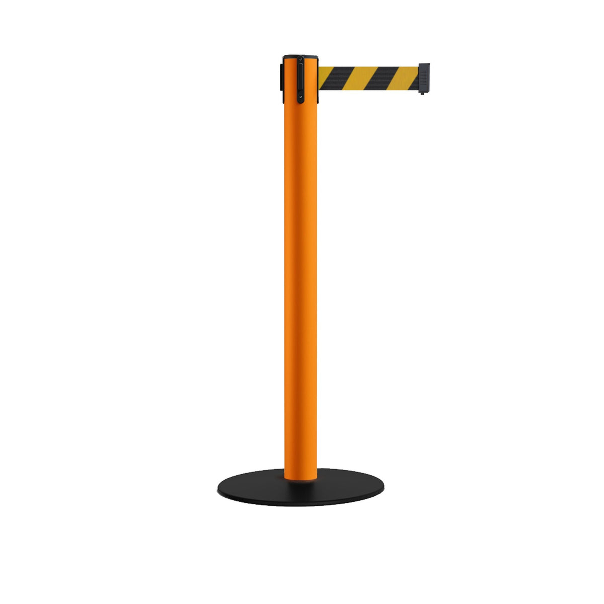 Safety Retractable Belt Barrier Stanchion, Low Profile Steel Base, Orange Post, 14 or 16 Ft. Belt - Montour Line MSX650 - Crowd Control Warehouse