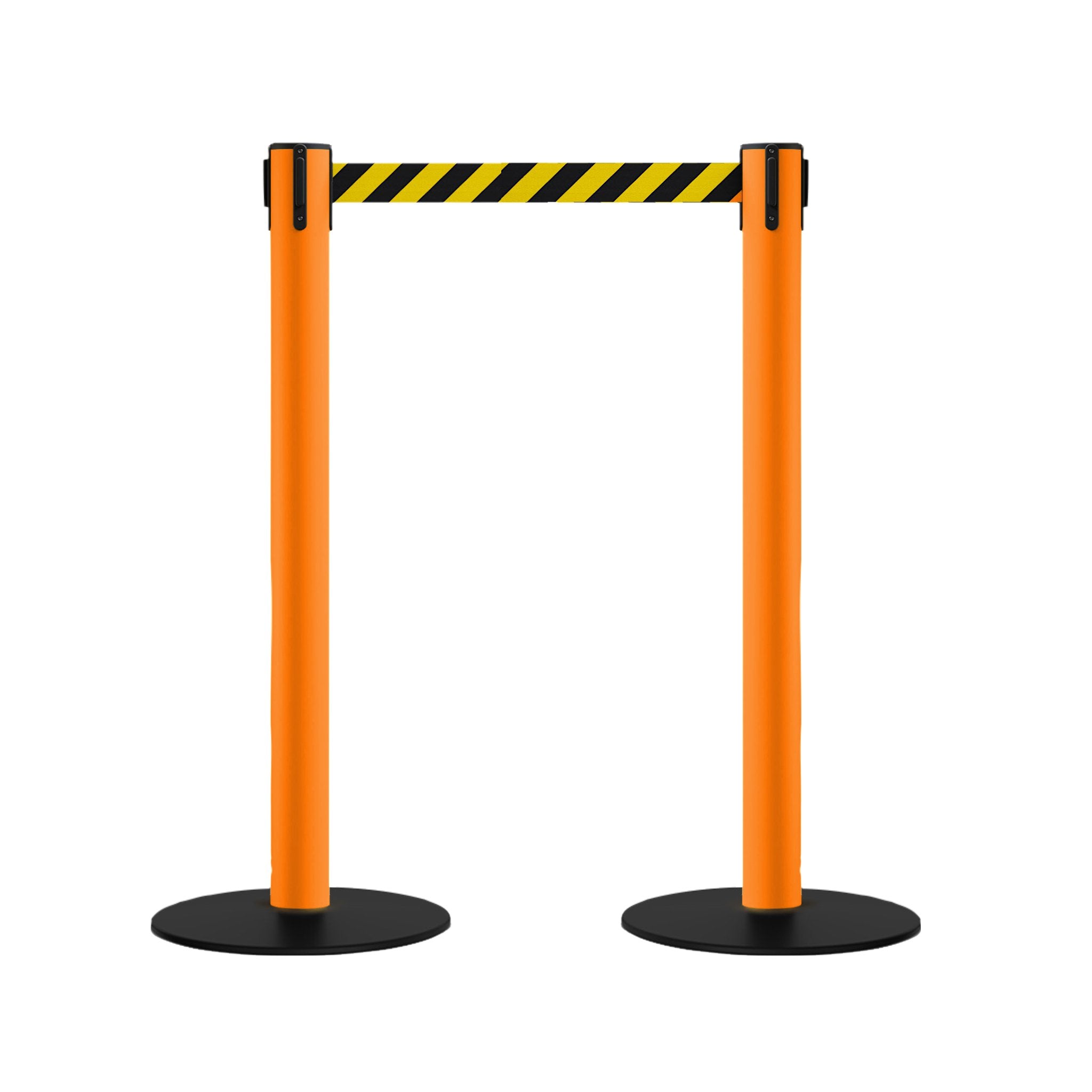 Safety Retractable Belt Barrier Stanchion, Low Profile Steel Base, Orange Post, 14 or 16 Ft. Belt - Montour Line MSX650 - Crowd Control Warehouse