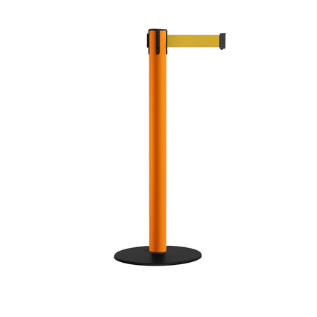 Safety Retractable Belt Barrier Stanchion, Low Profile Steel Base, Orange Post, 14 or 16 Ft. Belt - Montour Line MSX650 - Crowd Control Warehouse