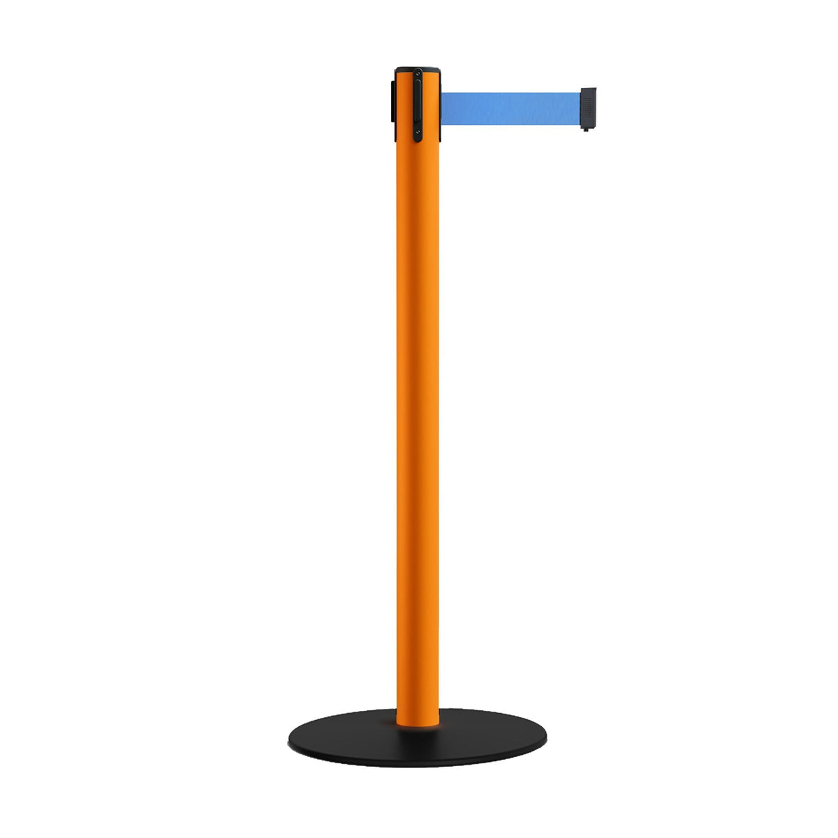 Safety Retractable Belt Barrier Stanchion, Low Profile Steel Base, Orange Post, 7.5 Ft. Belt - Montour Line MSX630 - Crowd Control Warehouse