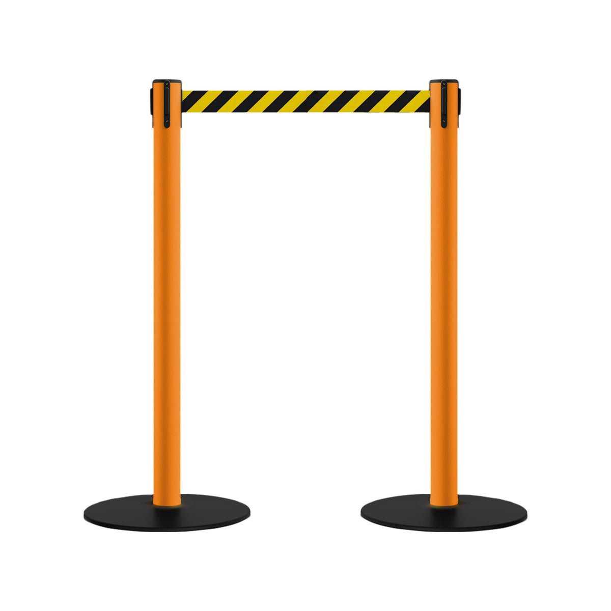 Safety Retractable Belt Barrier Stanchion, Low Profile Steel Base, Orange Post, 7.5 Ft. Belt - Montour Line MSX630 - Crowd Control Warehouse