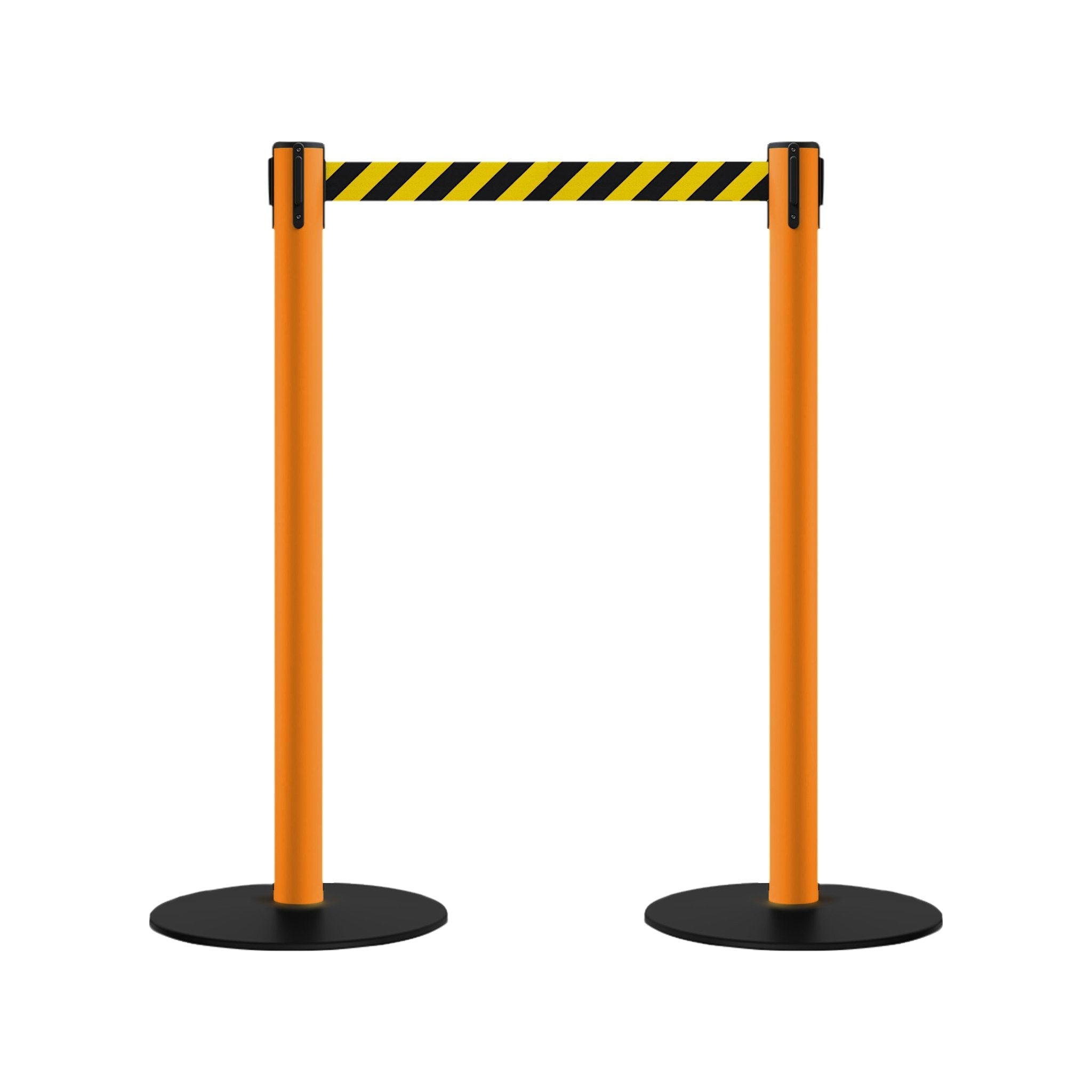 Safety Retractable Belt Barrier Stanchion, Low Profile Steel Base, Orange Post, 7.5 Ft. Belt - Montour Line MSX630 - Crowd Control Warehouse
