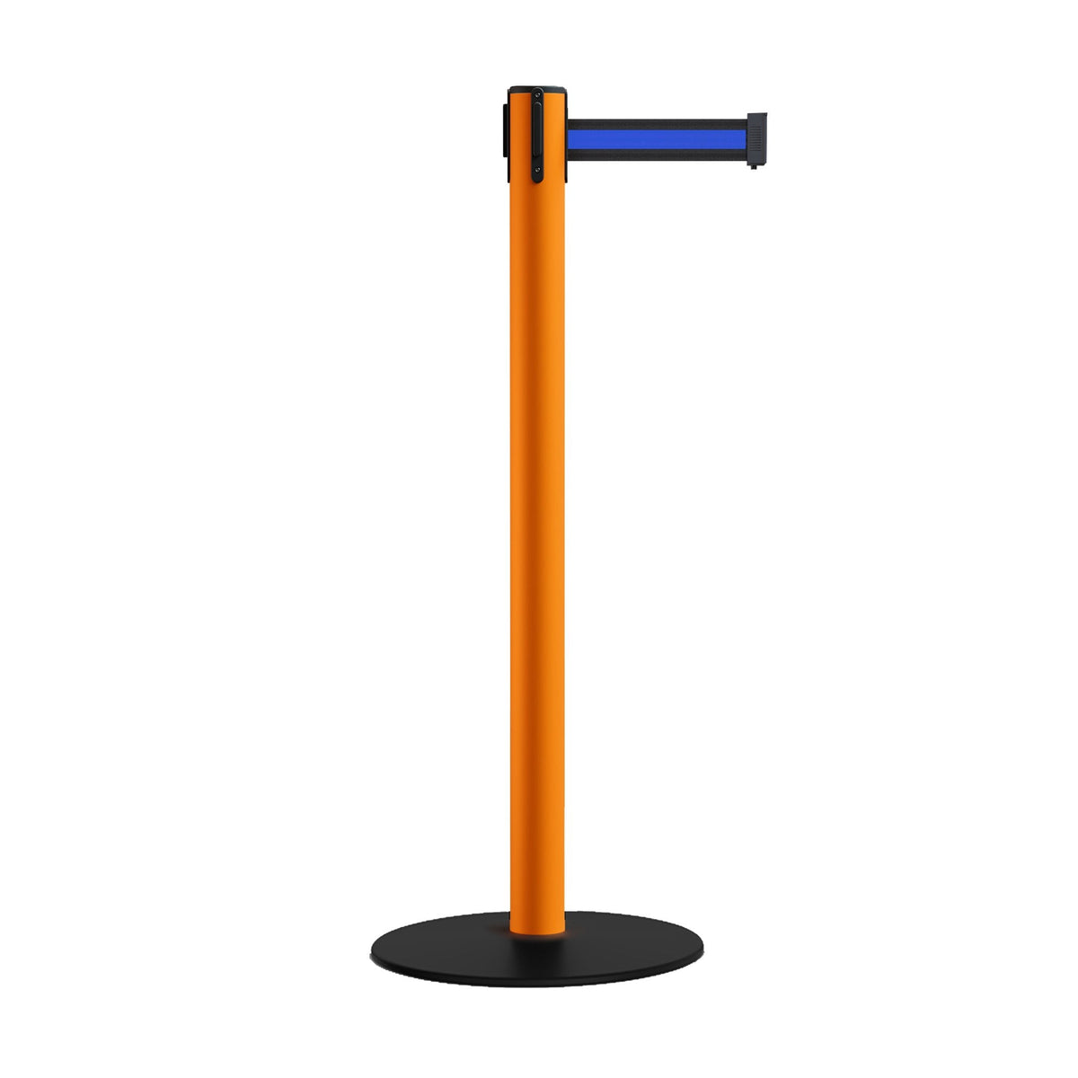 Safety Retractable Belt Barrier Stanchion, Low Profile Steel Base, Orange Post, 7.5 Ft. Belt - Montour Line MSX630 - Crowd Control Warehouse