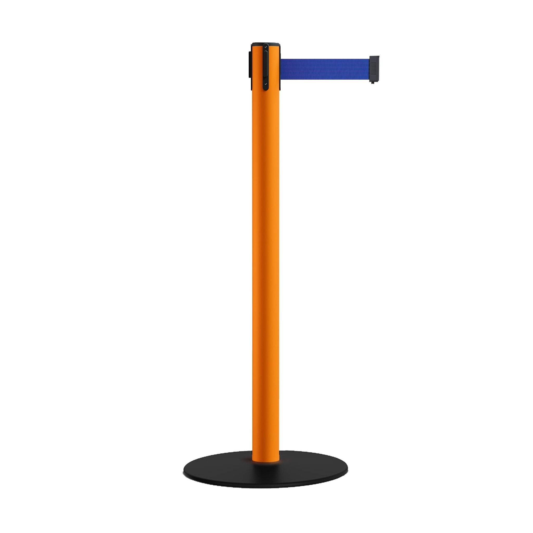 Safety Retractable Belt Barrier Stanchion, Low Profile Steel Base, Orange Post, 7.5 Ft. Belt - Montour Line MSX630 - Crowd Control Warehouse