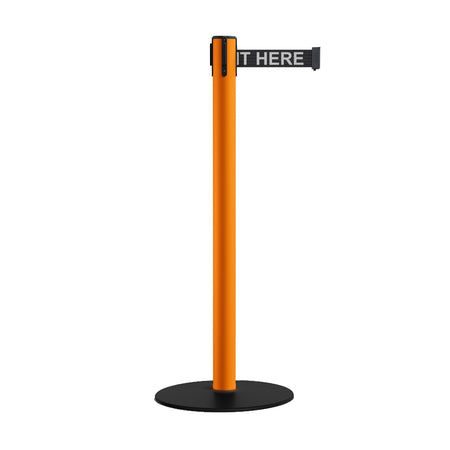 Safety Retractable Belt Barrier Stanchion, Low Profile Steel Base, Orange Post, 7.5 Ft. Belt - Montour Line MSX630 - Crowd Control Warehouse