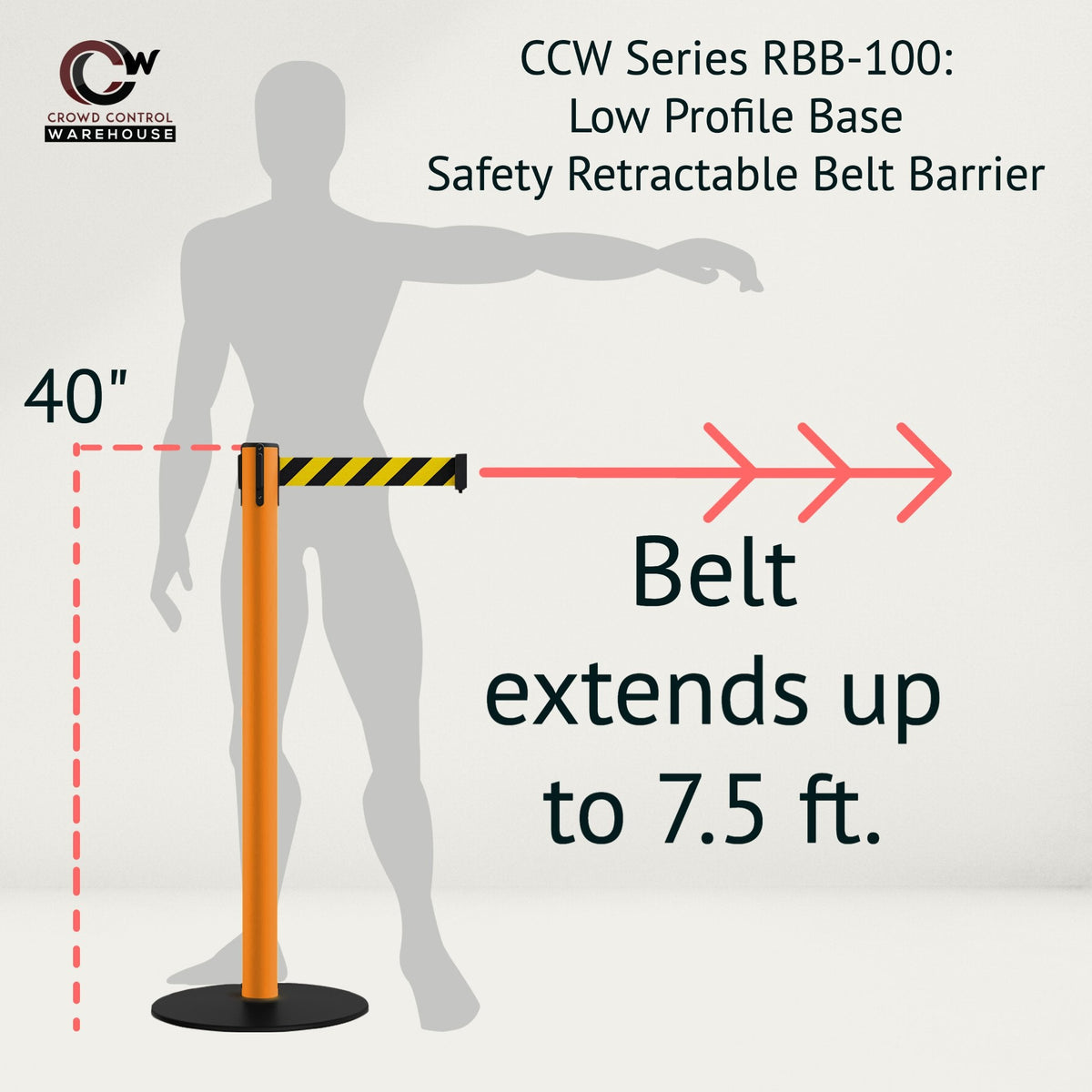 Safety Retractable Belt Barrier Stanchion, Low Profile Steel Base, Orange Post, 7.5 Ft. Belt - Montour Line MSX630 - Crowd Control Warehouse