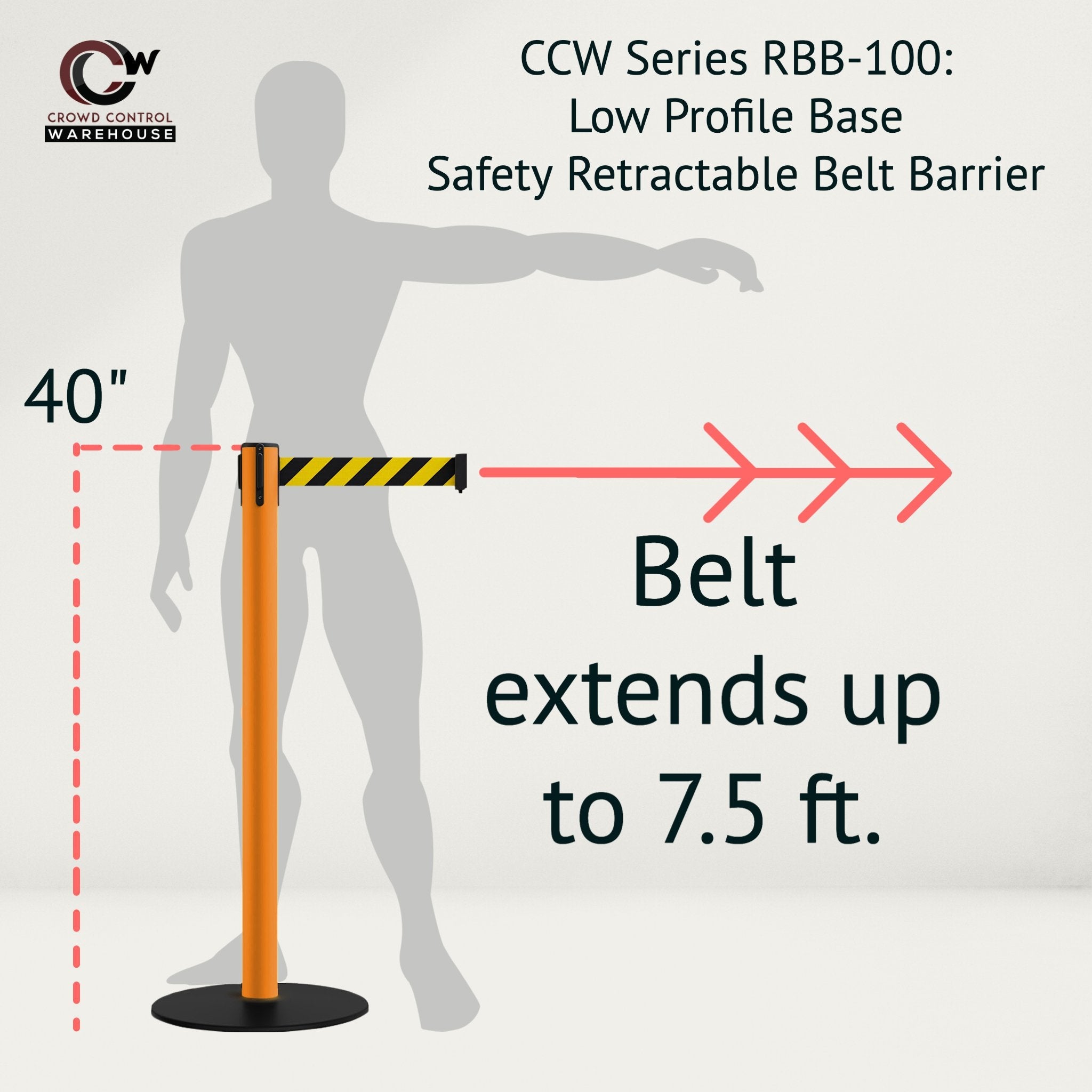 Safety Retractable Belt Barrier Stanchion, Low Profile Steel Base, Orange Post, 7.5 Ft. Belt - Montour Line MSX630 - Crowd Control Warehouse