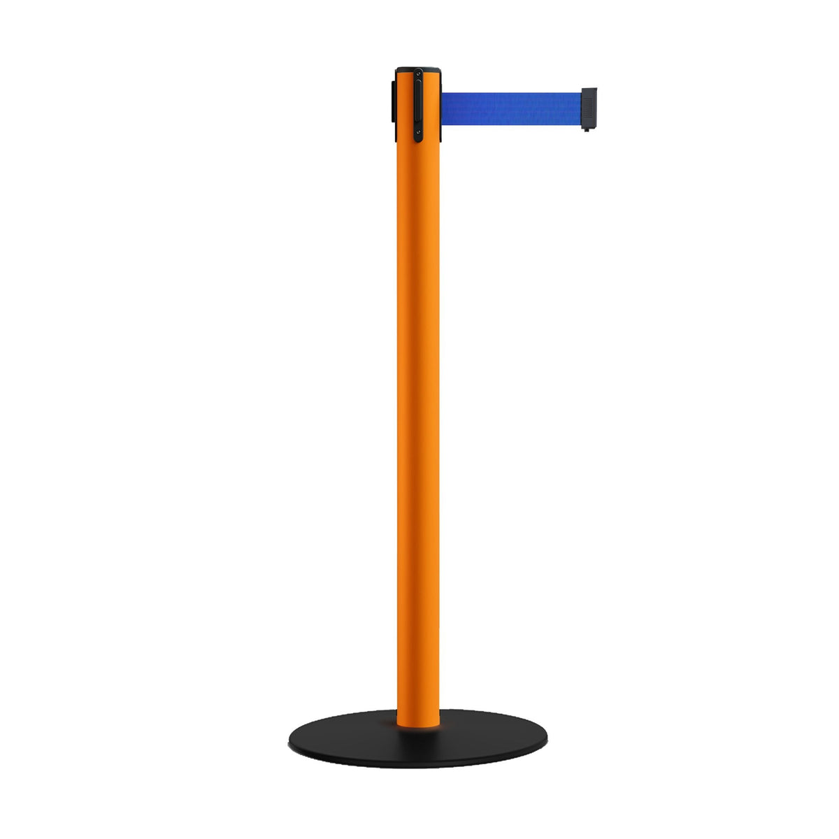 Safety Retractable Belt Barrier Stanchion, Low Profile Steel Base, Orange Post, 9 Ft. Belt - Montour Line MSX630 - Crowd Control Warehouse