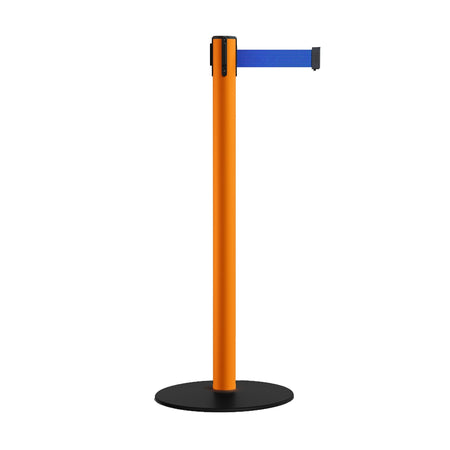 Safety Retractable Belt Barrier Stanchion, Low Profile Steel Base, Orange Post, 9 Ft. Belt - Montour Line MSX630 - Crowd Control Warehouse