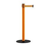 Safety Retractable Belt Barrier Stanchion, Low Profile Steel Base, Orange Post, 9 Ft. Belt - Montour Line MSX630 - Crowd Control Warehouse