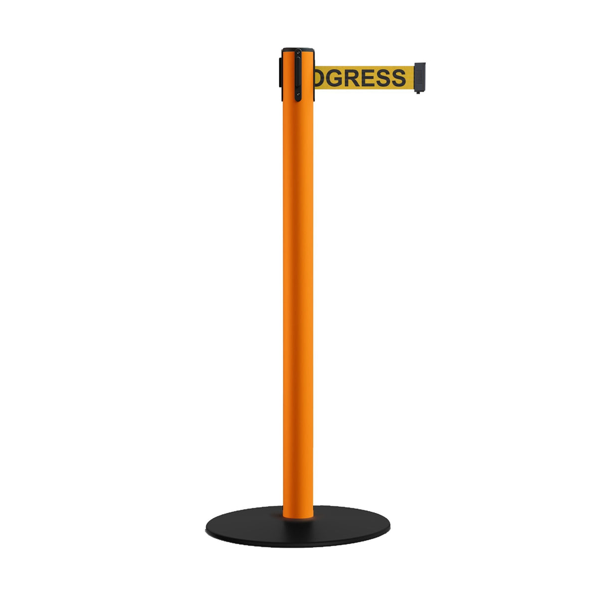 Safety Retractable Belt Barrier Stanchion, Low Profile Steel Base, Orange Post, 9 Ft. Belt - Montour Line MSX630 - Crowd Control Warehouse