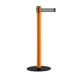 Safety Retractable Belt Barrier Stanchion, Low Profile Steel Base, Orange Post, 9 Ft. Belt - Montour Line MSX630 - Crowd Control Warehouse