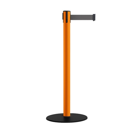 Safety Retractable Belt Barrier Stanchion, Low Profile Steel Base, Orange Post, 9 Ft. Belt - Montour Line MSX630 - Crowd Control Warehouse
