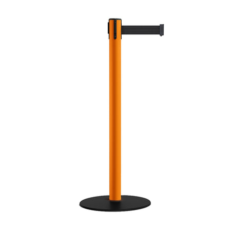 Safety Retractable Belt Barrier Stanchion, Low Profile Steel Base, Orange Post, 9 Ft. Belt - Montour Line MSX630 - Crowd Control Warehouse