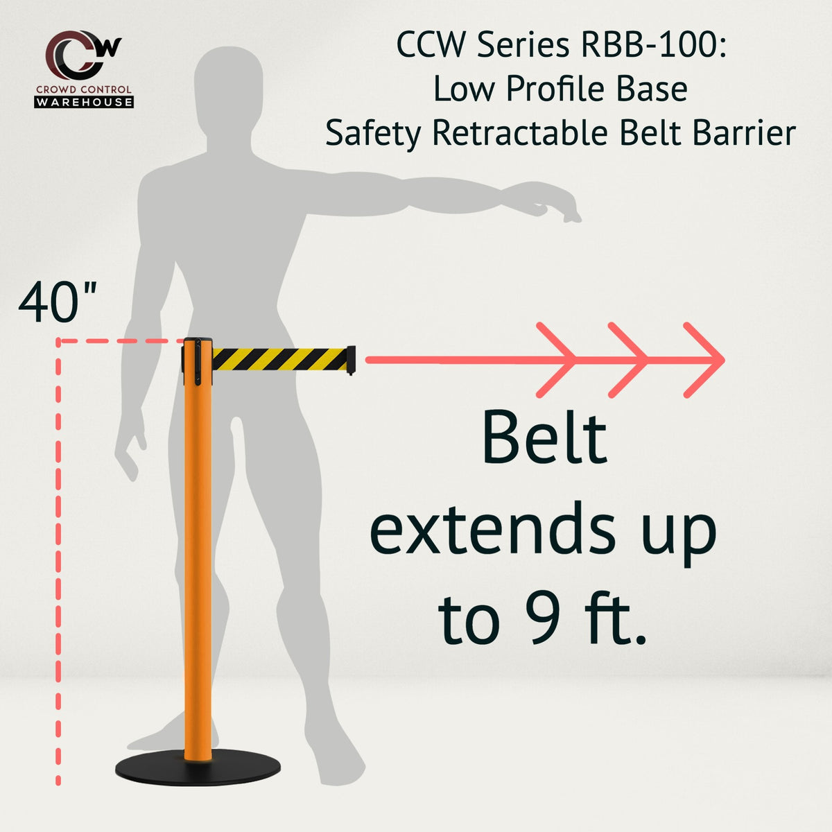 Safety Retractable Belt Barrier Stanchion, Low Profile Steel Base, Orange Post, 9 Ft. Belt - Montour Line MSX630 - Crowd Control Warehouse