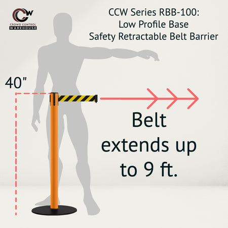 Safety Retractable Belt Barrier Stanchion, Low Profile Steel Base, Orange Post, 9 Ft. Belt - Montour Line MSX630 - Crowd Control Warehouse
