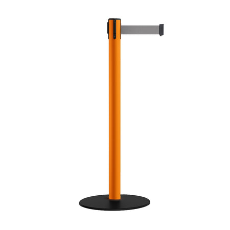 Safety Retractable Belt Barrier Stanchion, Low Profile Steel Base, Orange Post, 9 Ft. Belt - Montour Line MSX630 - Crowd Control Warehouse
