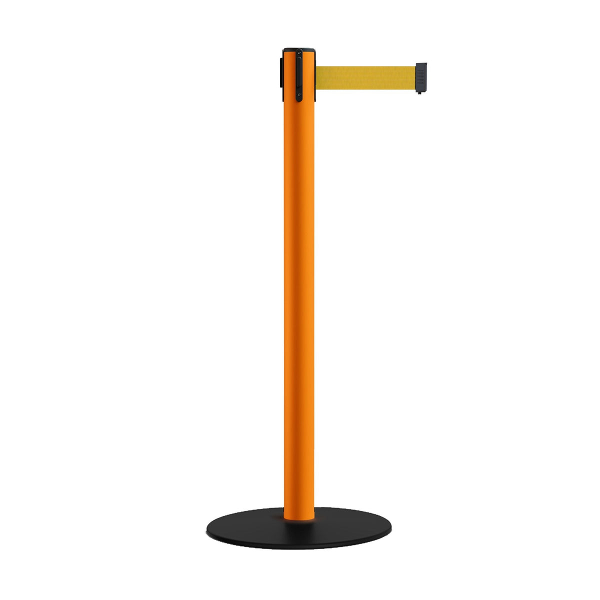 Safety Retractable Belt Barrier Stanchion, Low Profile Steel Base, Orange Post, 9 Ft. Belt - Montour Line MSX630 - Crowd Control Warehouse