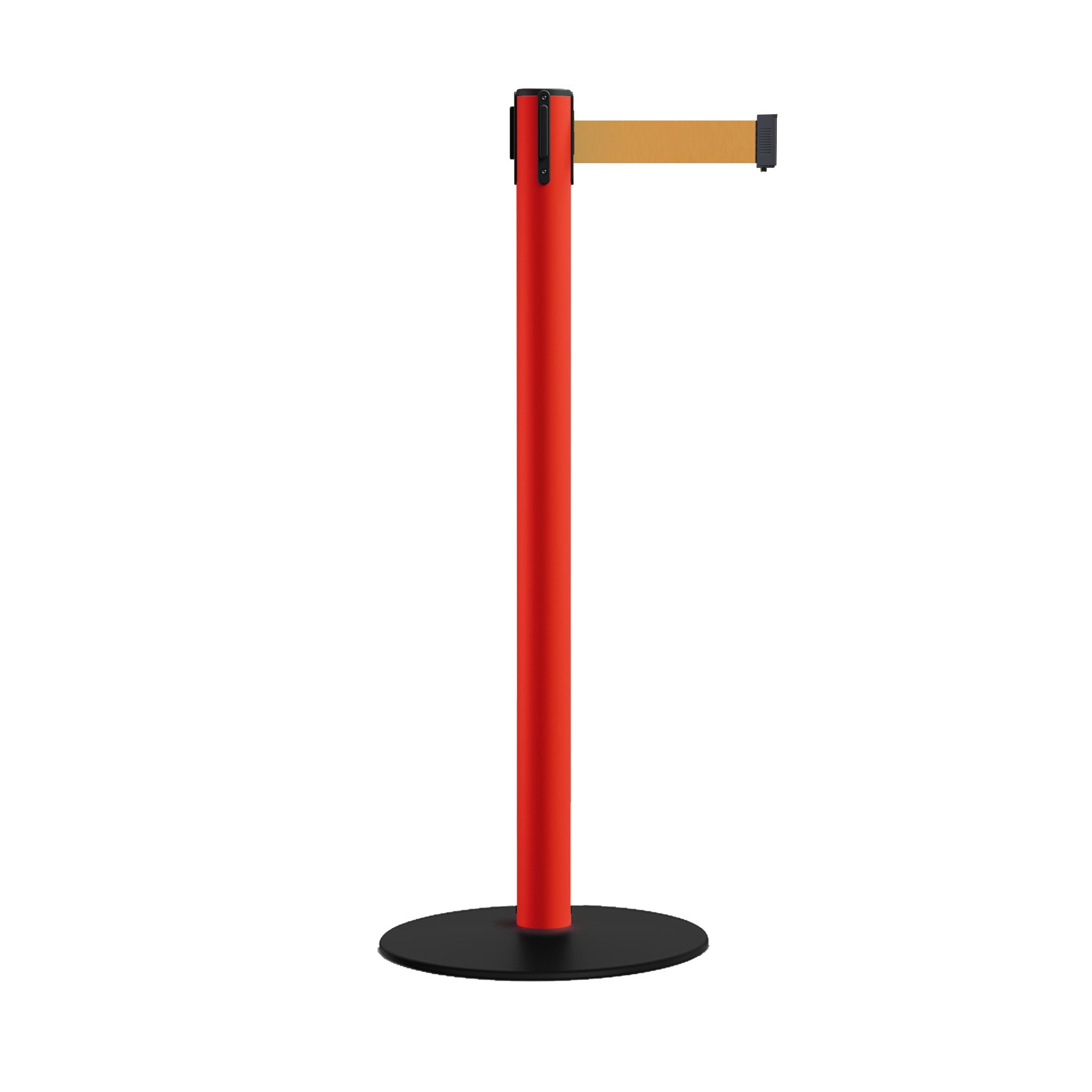 Safety Retractable Belt Barrier Stanchion, Low Profile Steel Base, Red Post, 11 Ft. Belt - Montour Line MSX630 - Crowd Control Warehouse