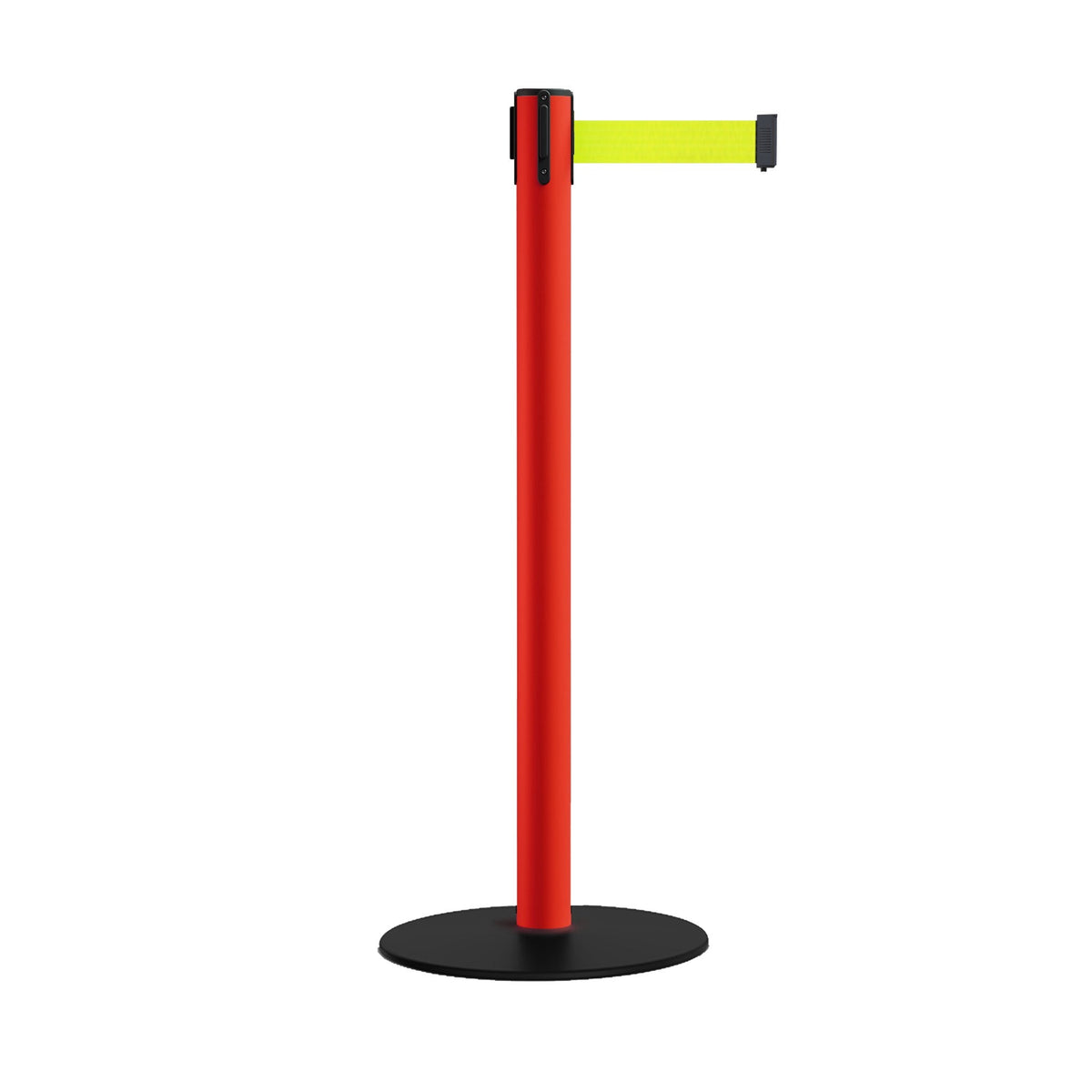 Safety Retractable Belt Barrier Stanchion, Low Profile Steel Base, Red Post, 11 Ft. Belt - Montour Line MSX630 - Crowd Control Warehouse