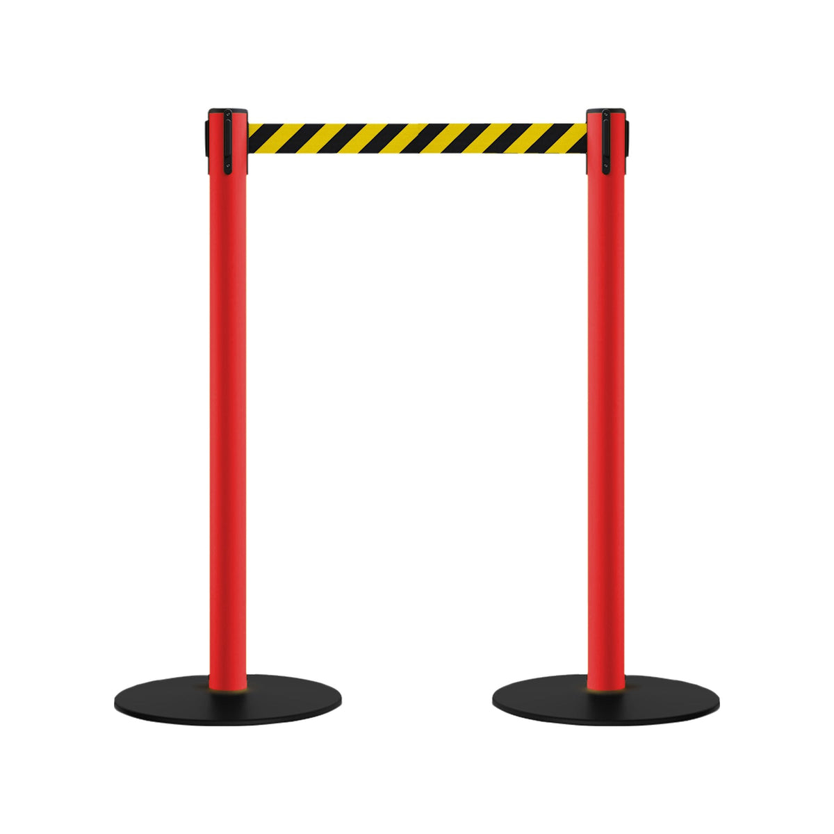 Safety Retractable Belt Barrier Stanchion, Low Profile Steel Base, Red Post, 11 Ft. Belt - Montour Line MSX630 - Crowd Control Warehouse
