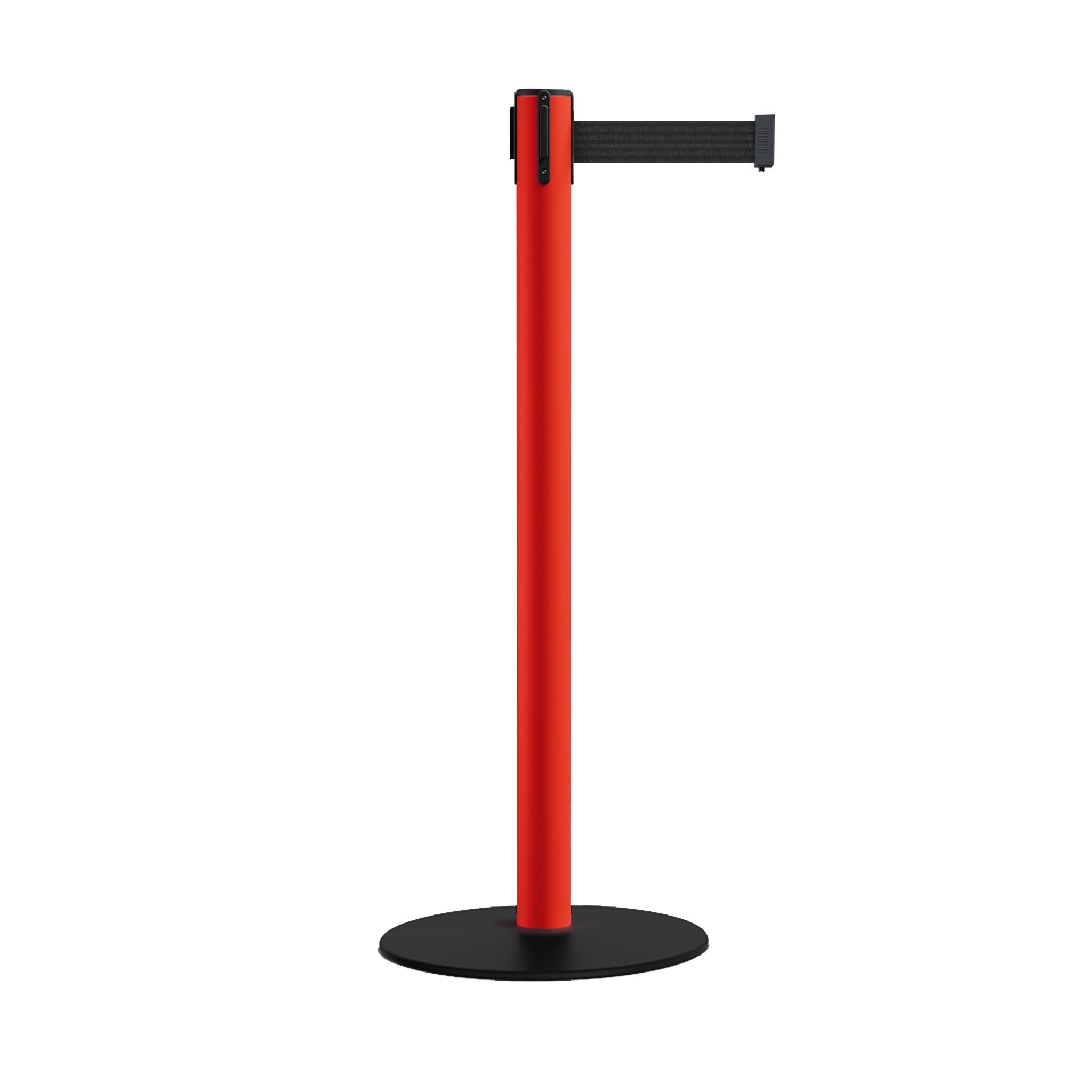 Safety Retractable Belt Barrier Stanchion, Low Profile Steel Base, Red Post, 11 Ft. Belt - Montour Line MSX630 - Crowd Control Warehouse