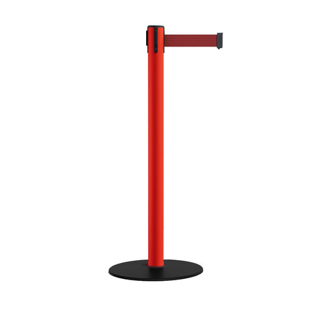 Safety Retractable Belt Barrier Stanchion, Low Profile Steel Base, Red Post, 11 Ft. Belt - Montour Line MSX630 - Crowd Control Warehouse