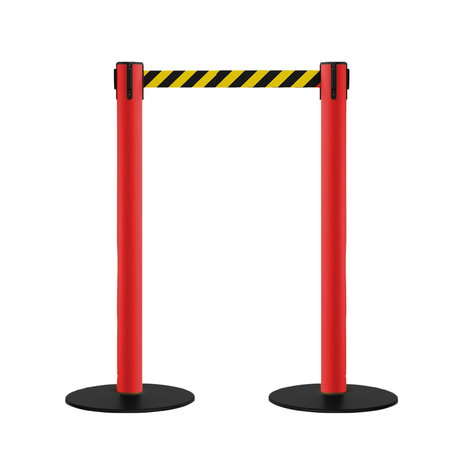Safety Retractable Belt Barrier Stanchion, Low Profile Steel Base, Red Post, 14 or 16 Ft. Belt - Montour Line MSX650 - Crowd Control Warehouse